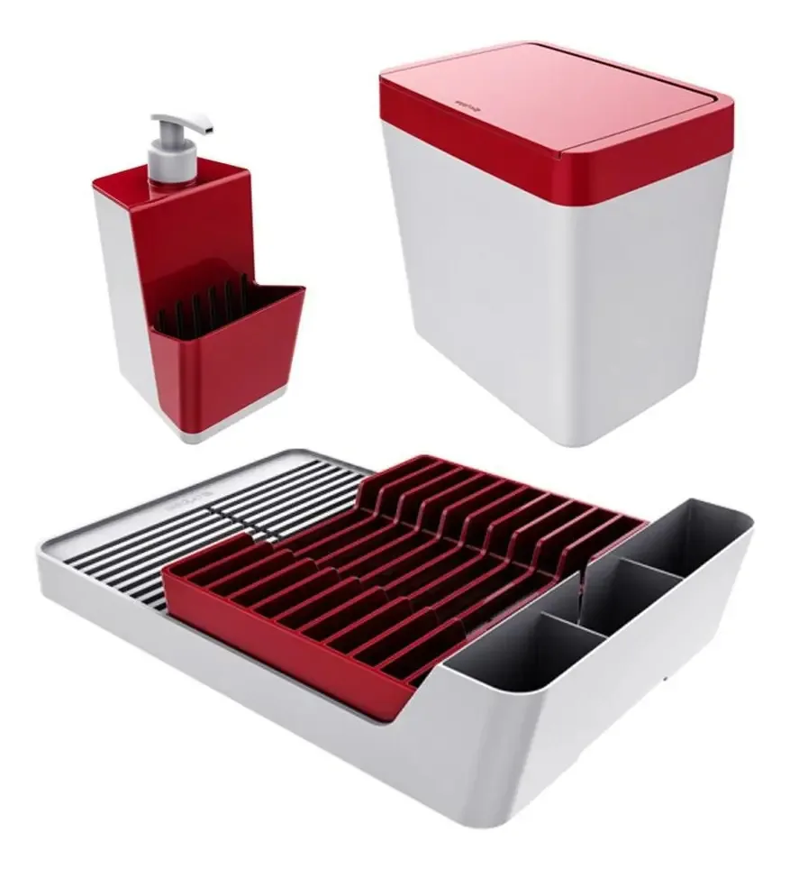 Escorredor Louça Porta Detergente Lixeira - Branco/vermelho