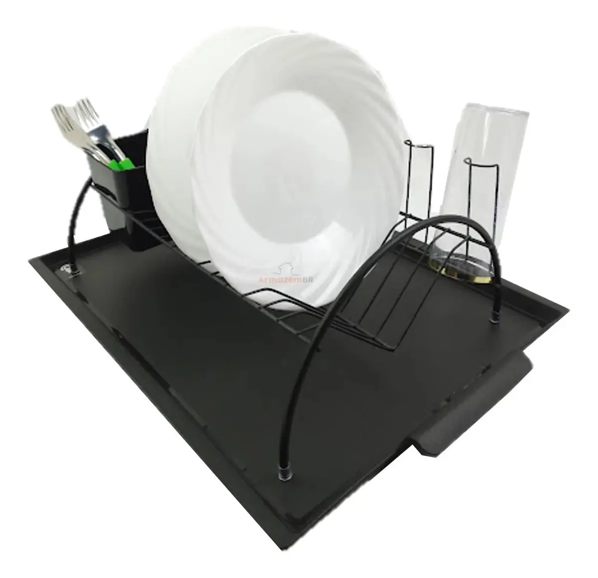 Kit Escorredor Louça Bandeja Porta Talheres Cozinha - Preto