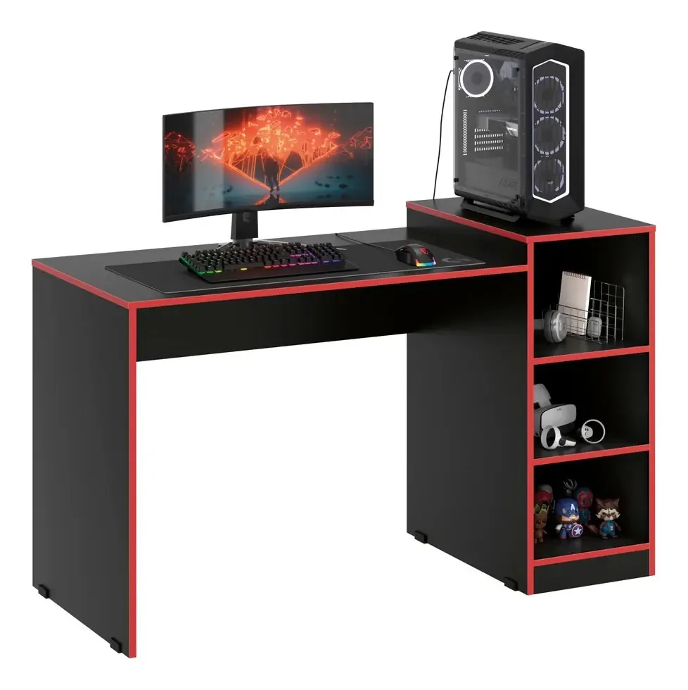 Mesa Gamer Ee Para Pc Escrivaninha Com Nichos Cor Vermelho E Preto