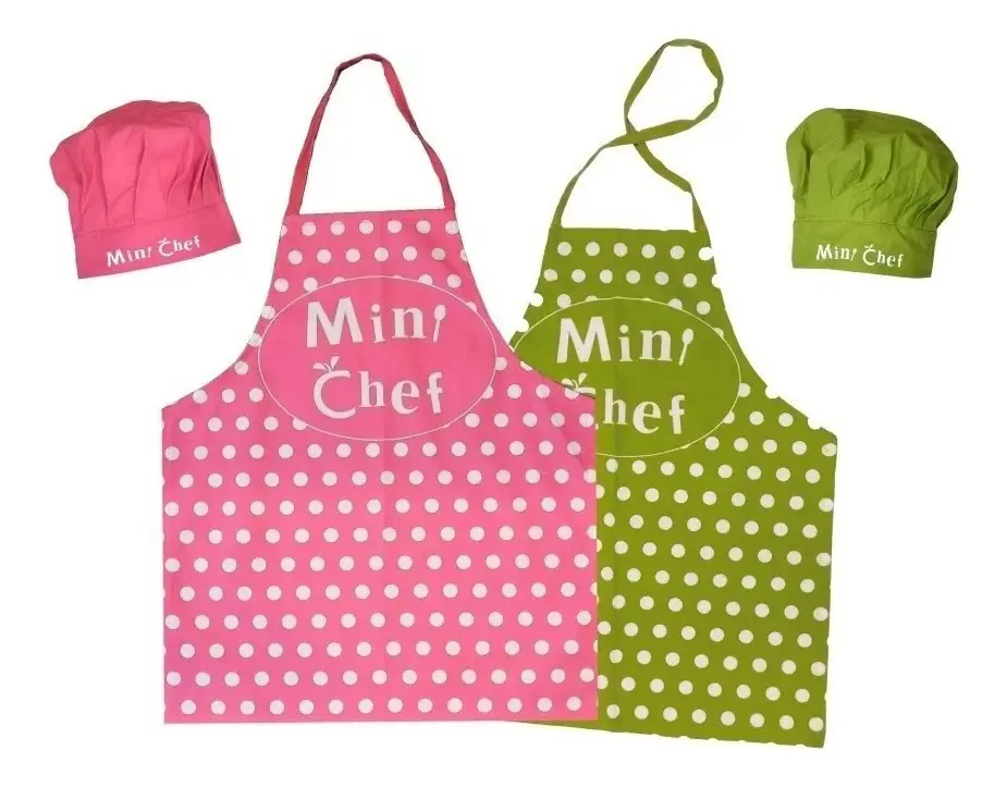 Avental de cozinha Mini Chef+boné Chef de bolinhas verdes para crianças pequenas