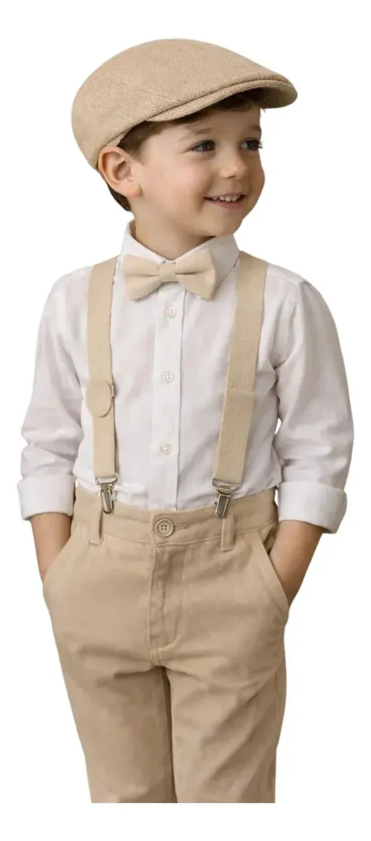 Kit Infantil De Suspensório + Boina Modelo Italiana Pajem Cor Bege