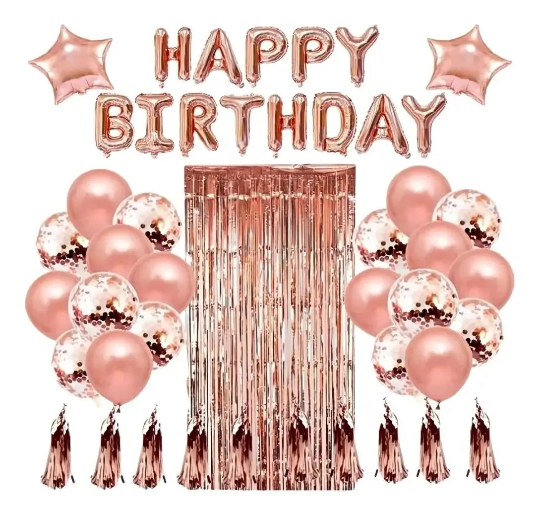 Kit Balões + Cortina Metalizada Rose Gold 47pçs Aniversários