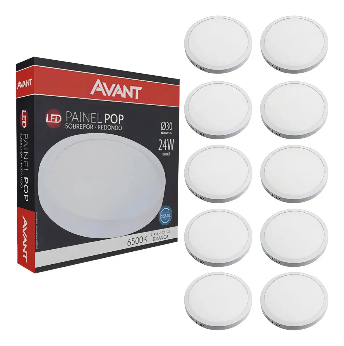Kit 10 Paineis Led Plafon Sobrepor 24w Redondo 6500k Branco