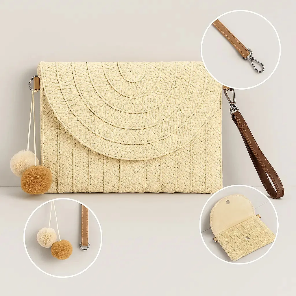 Conjunto Boutique Soberana Bolsa Clutch e Chapéu de Palha Bege Claro