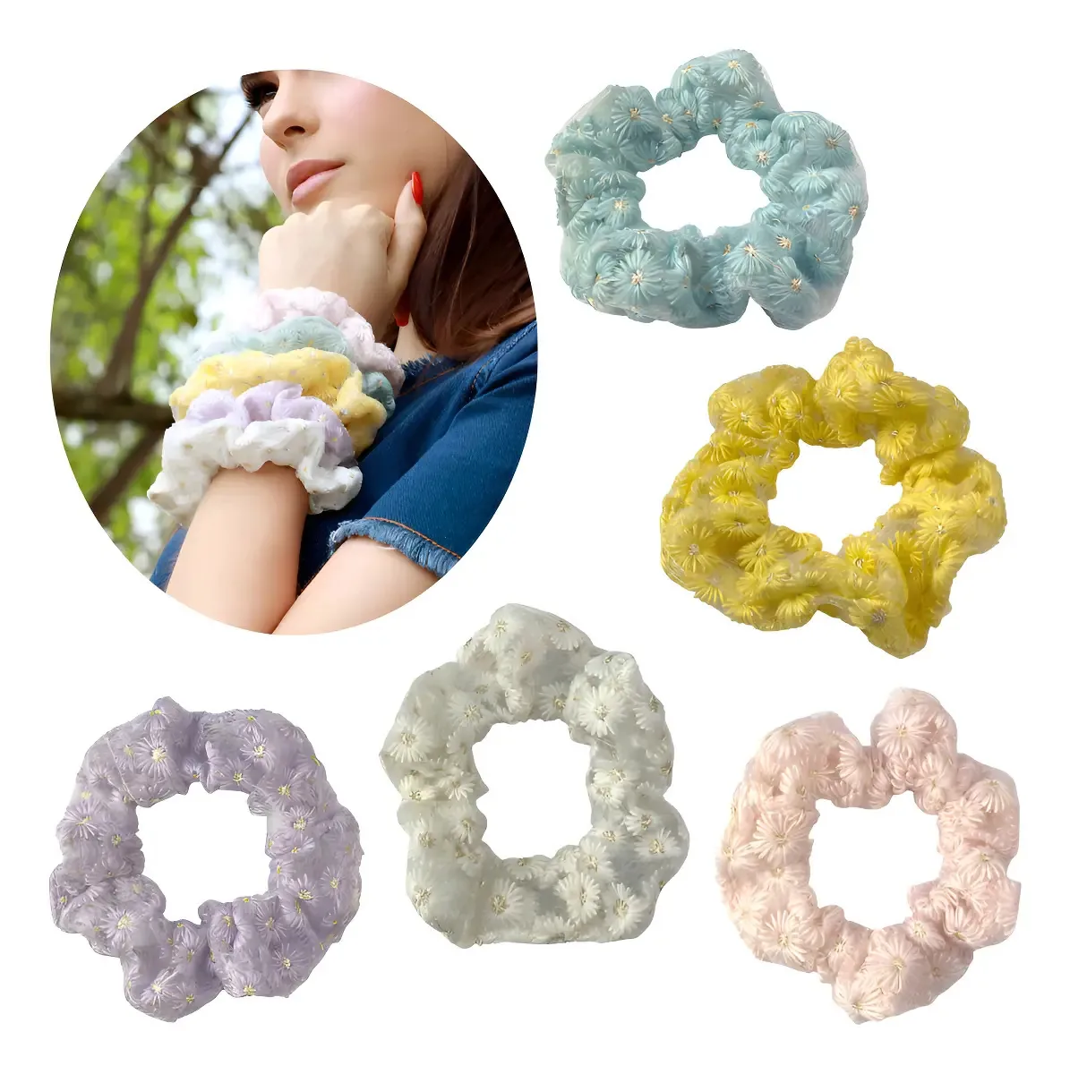 Kit 2 Elásticos De Cabelo Com Flores Cor Branco/Amarelo