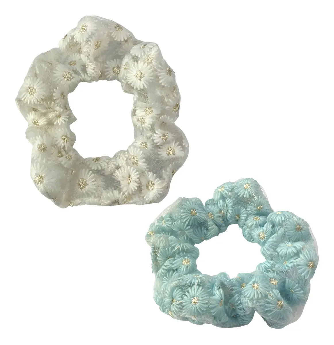 Kit 2 Elásticos De Cabelo Com Flores Cor Branco/Azul
