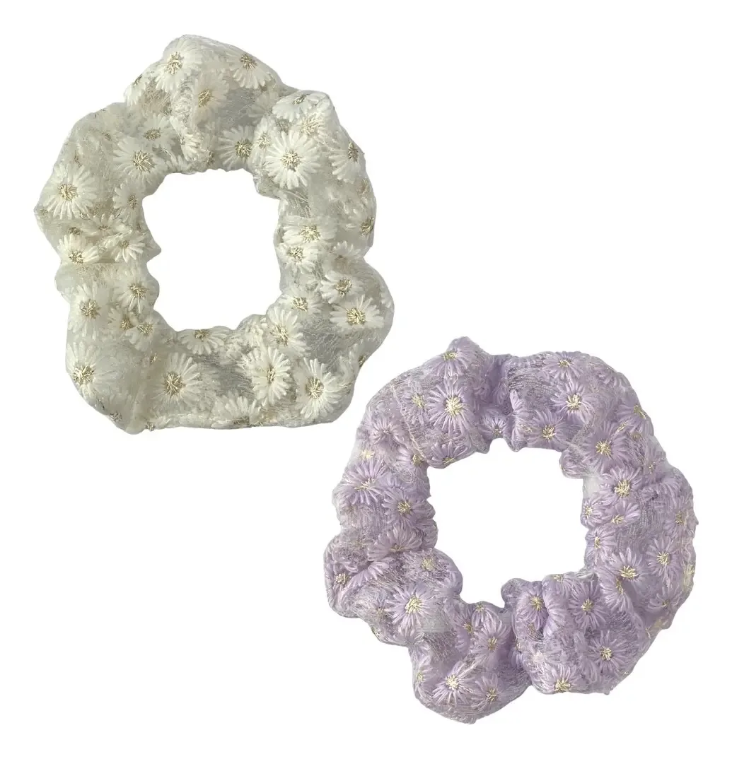 Kit 2 Elásticos De Cabelo Com Flores Cor Branco + Lilás