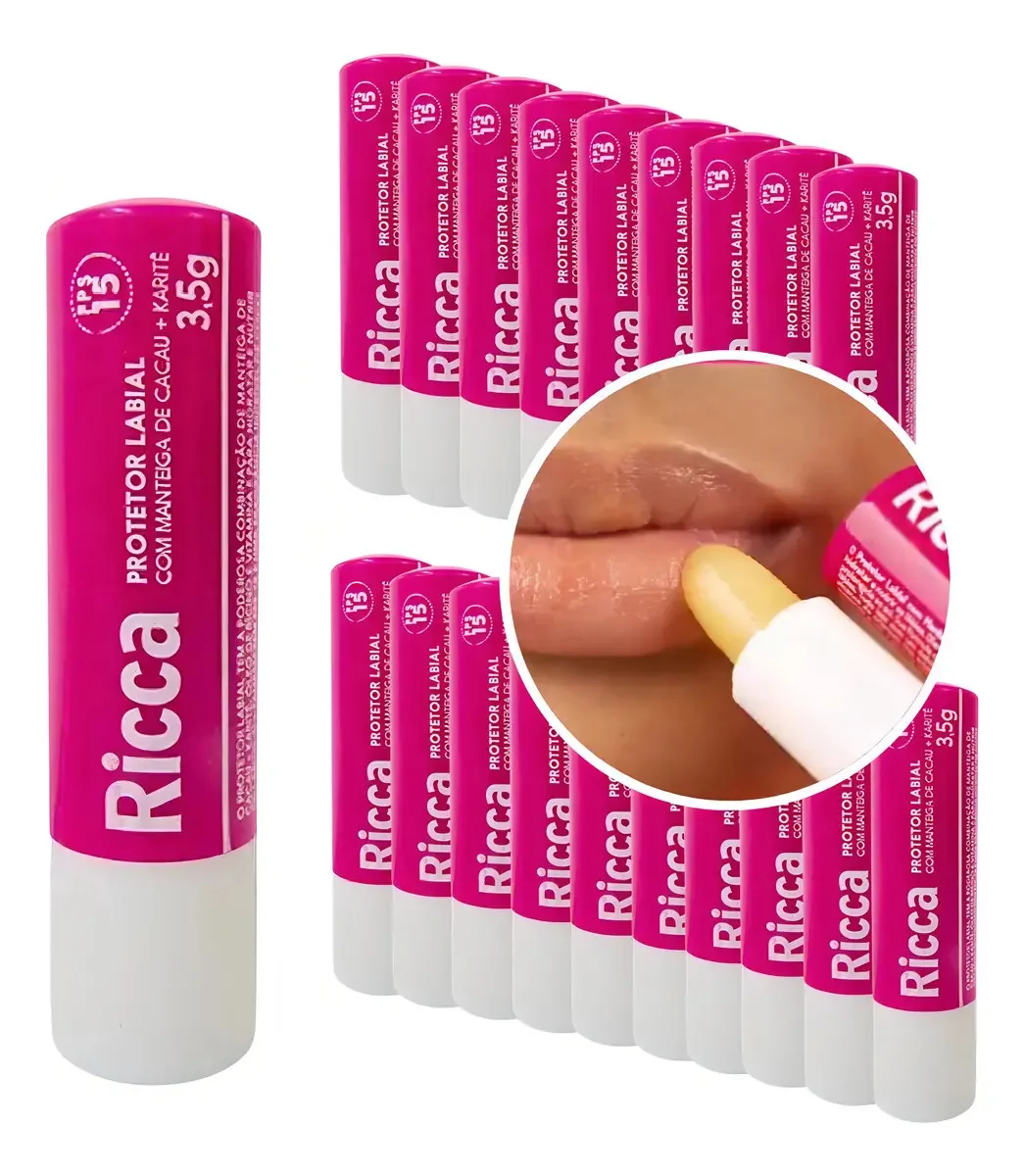 Kit 20 Protetores Labiais Manteiga Cacau Karité Fps15 Ricca