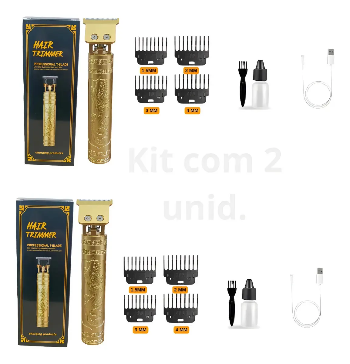 Kit 2 Maquinas Cortar Cabelo Dragao Pezinho Risca Degrade Dourado