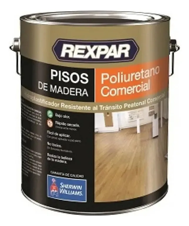 Pisos comerciais de madeira de poliuretano Rexpar X 4 litros com acabamento marrom claro brilhante