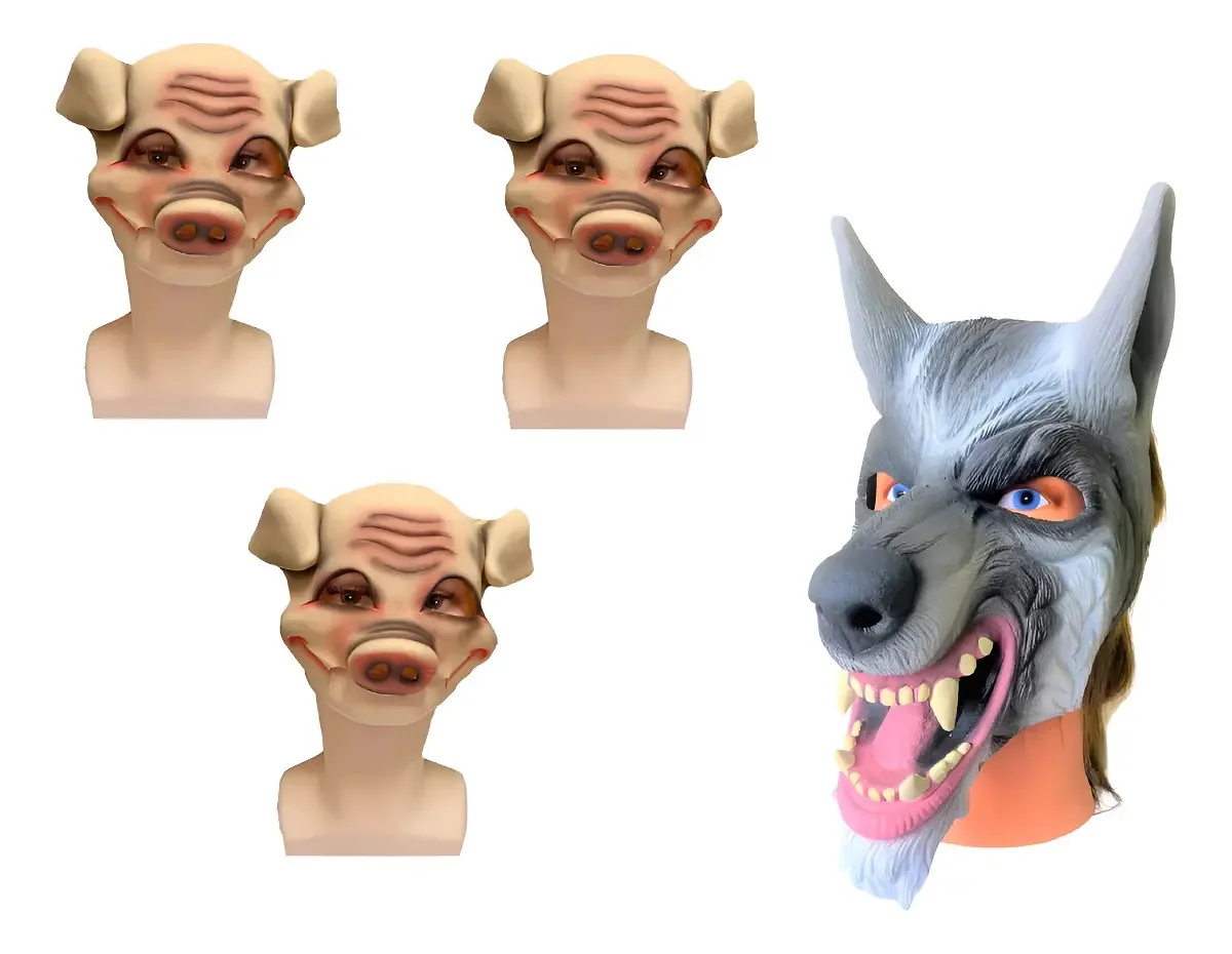 Kit Máscaras Lobo Mau e Três Porquinhos Látex Realista Blook