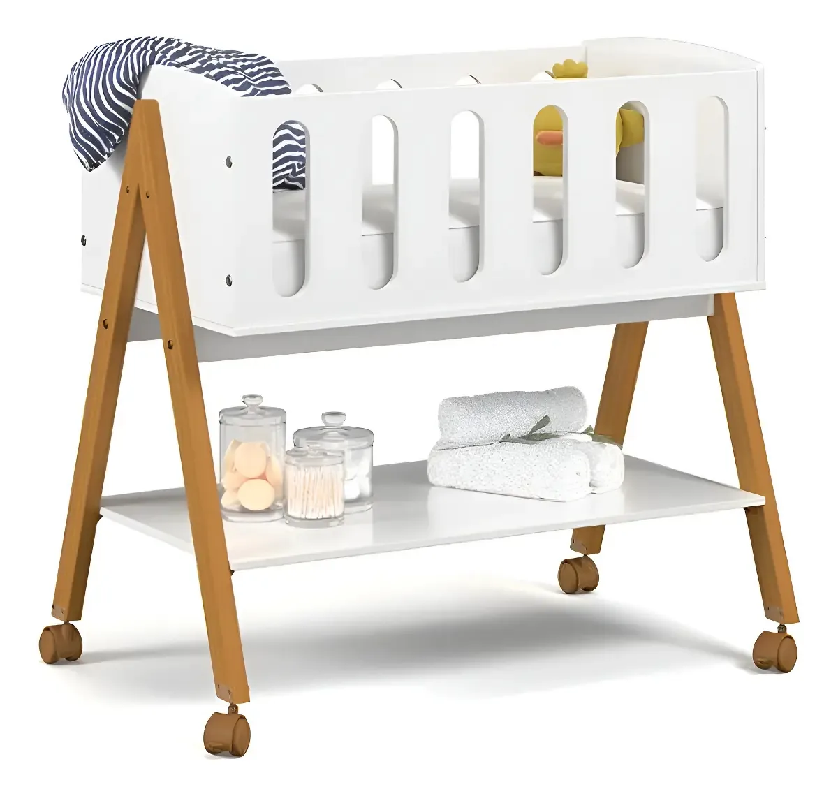 Mini Berço Com Colchão Sissi 3 Em 1 Branco E Eco Wood Matic