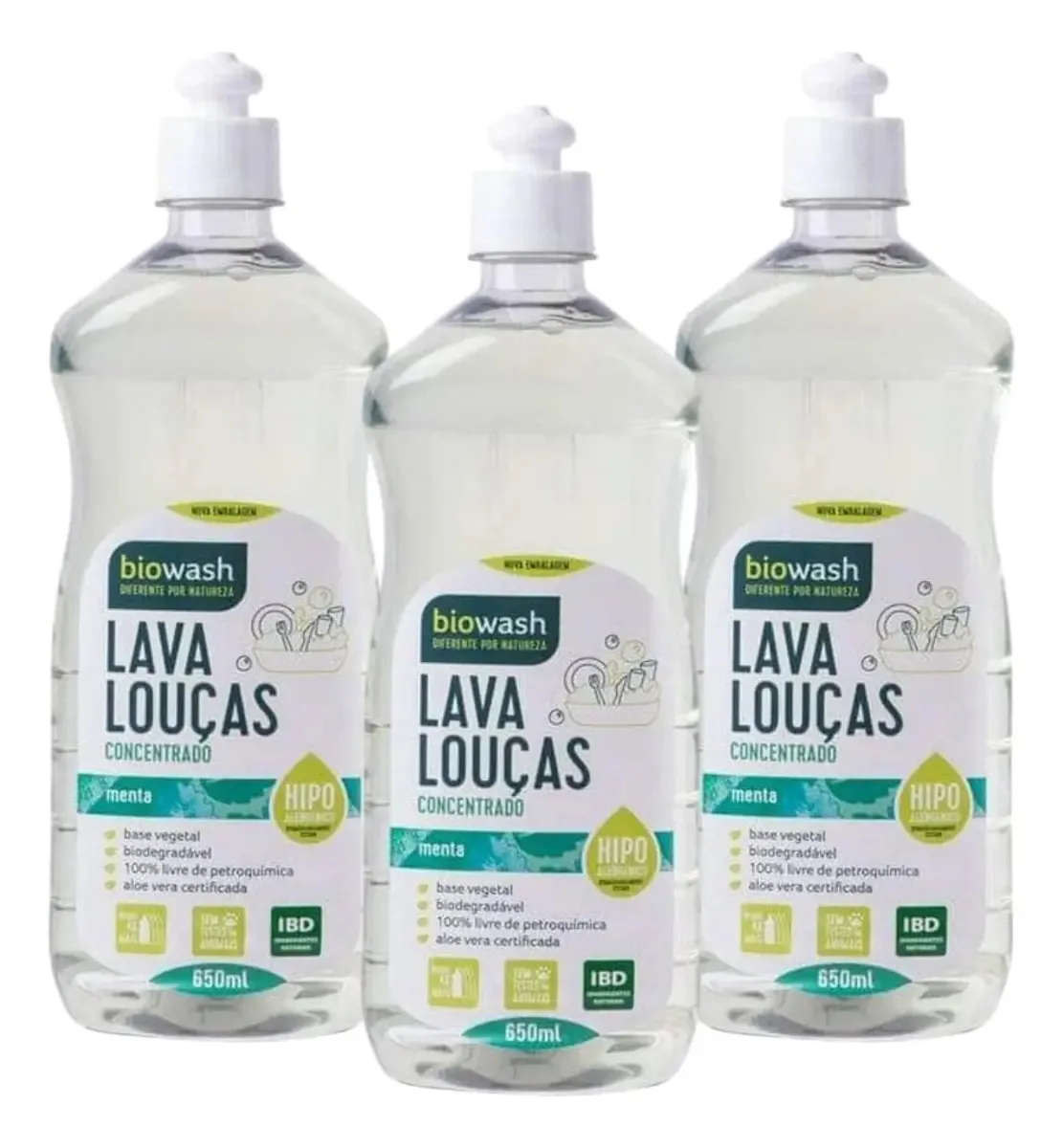 3 X Lava Louças Detergente Biodegradável Menta 650ml Biowash