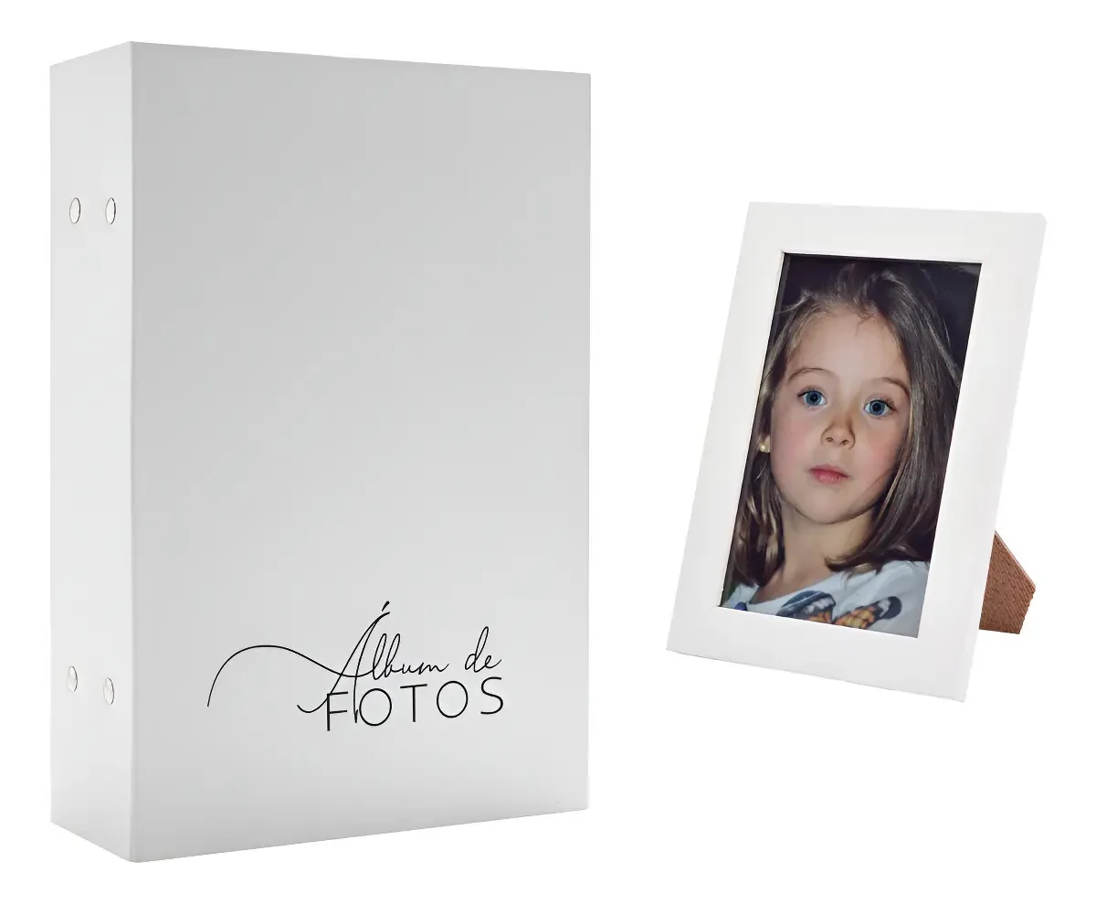 1 Album + 1 Porta Retrato 10x15/500 Fotos Presente Ideal Cor Branco Álbum E Porta