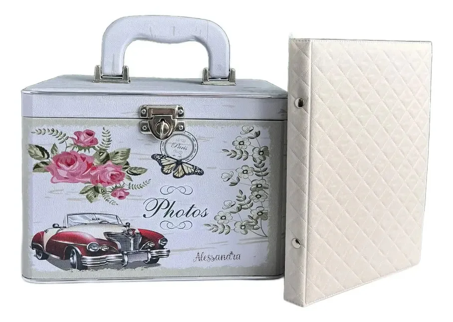 Maleta Porta-Álbuns de Fotos Personalizável Manta Marfim com Trava para 10x15 e 15x21