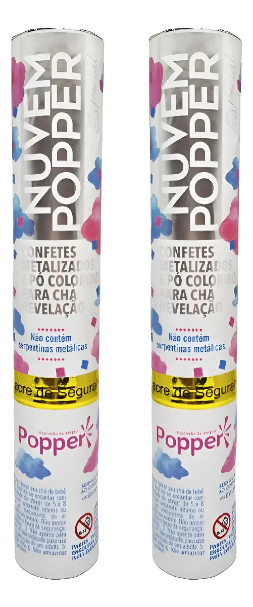 2 Lança Estoura Confete + Nuvem Revelação Azul Menino Popper