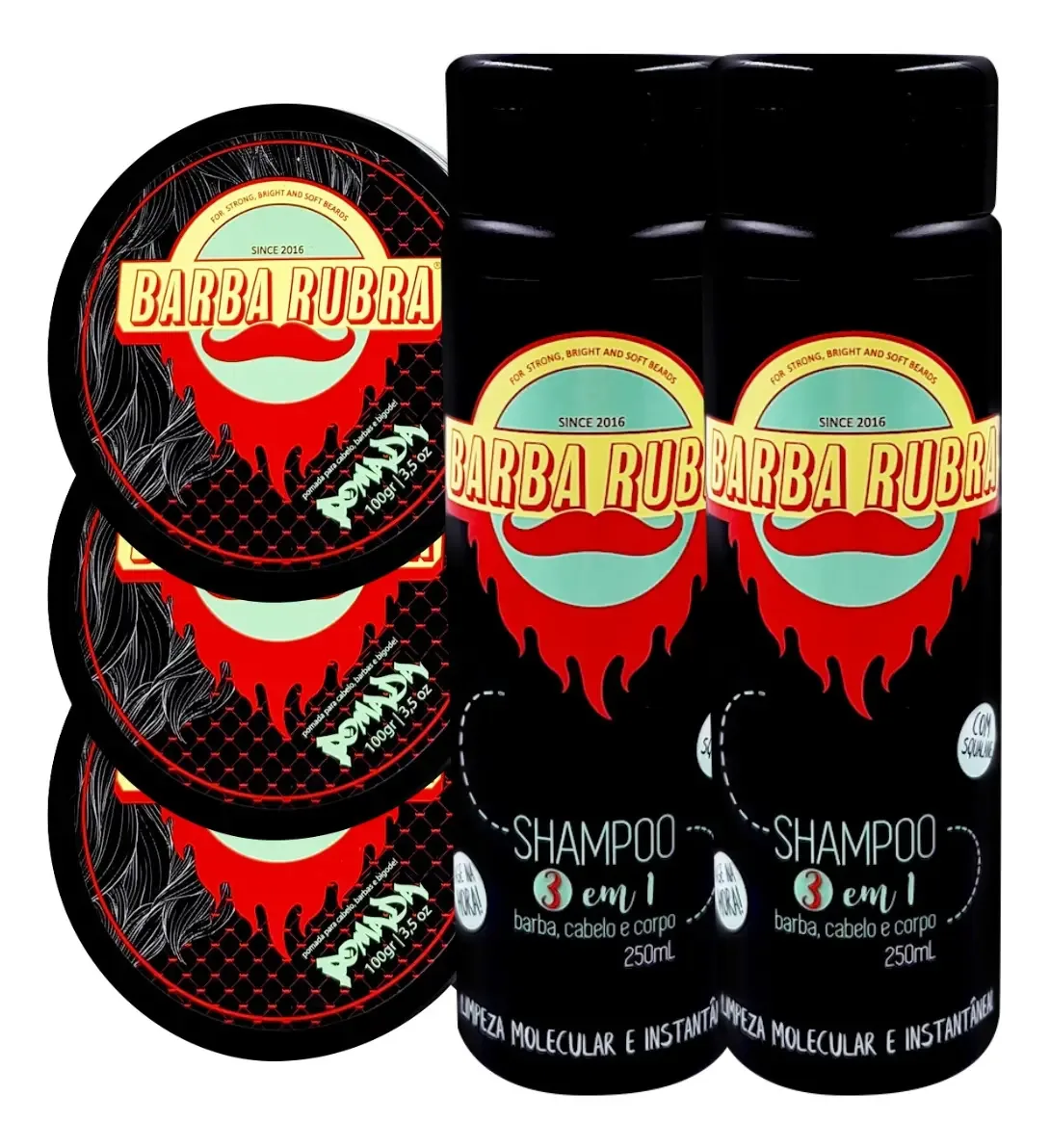 Kit De Barba 2 Shampoo 3x1 E 3 Pomadas De Cabelo Barba Rubra