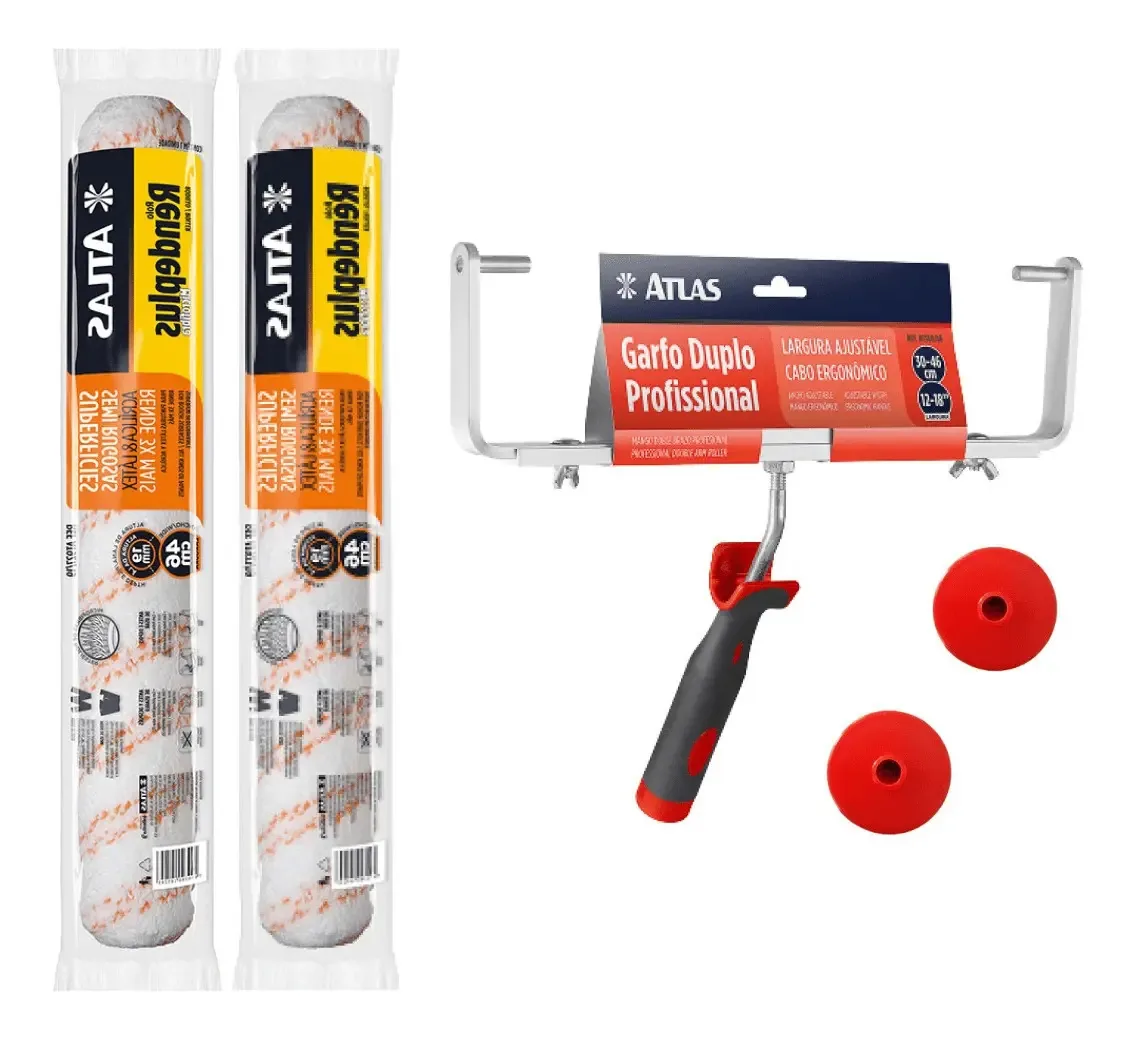 Kit Com 2 Big Rolos Microfibra 46cm Com Garfo Duplo Pincéis Atlas