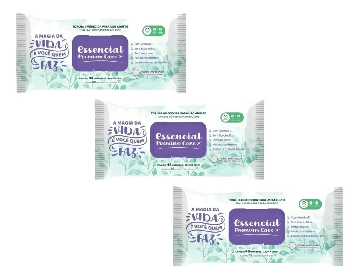 Kit 3 Pacotes Toalhas Umedecidas Adulto Essencial Premium Care 48 Folhas