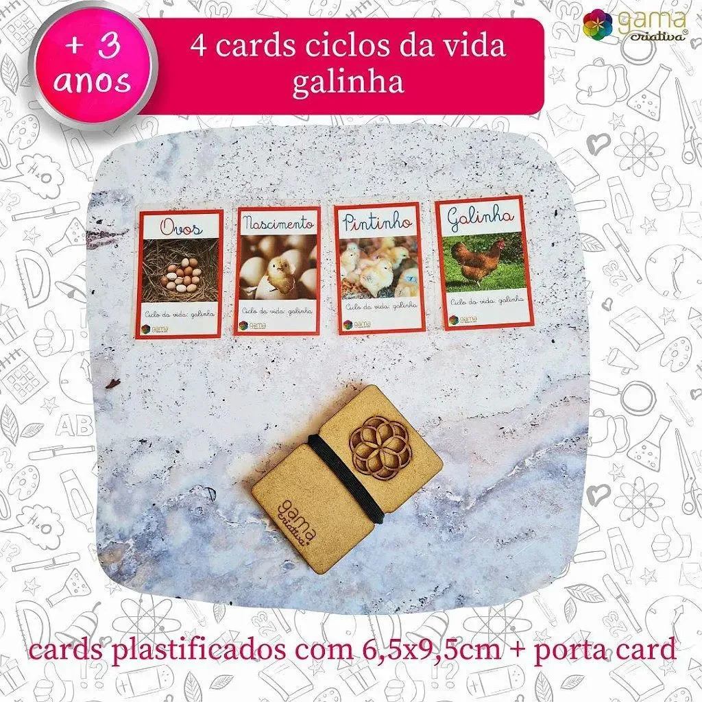 Cards Ciclo Da Vida Da Galinha - 4 Unidades + Porta Cards