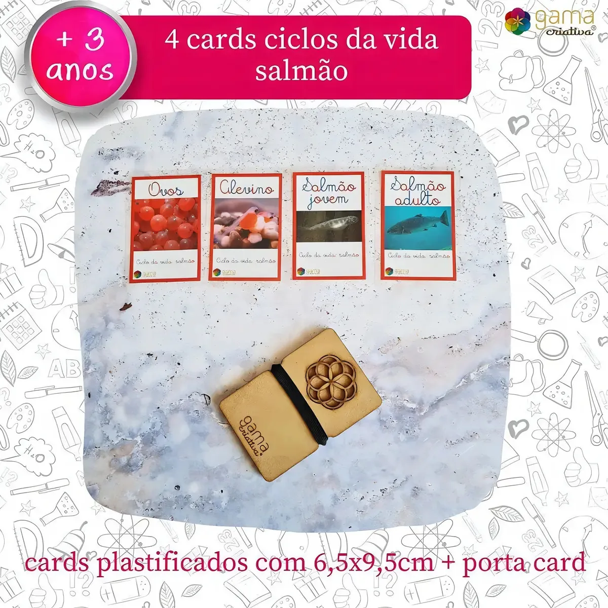 Cards Ciclo Da Vida Do Salmão (4un) Com Porta Cards De Mdf
