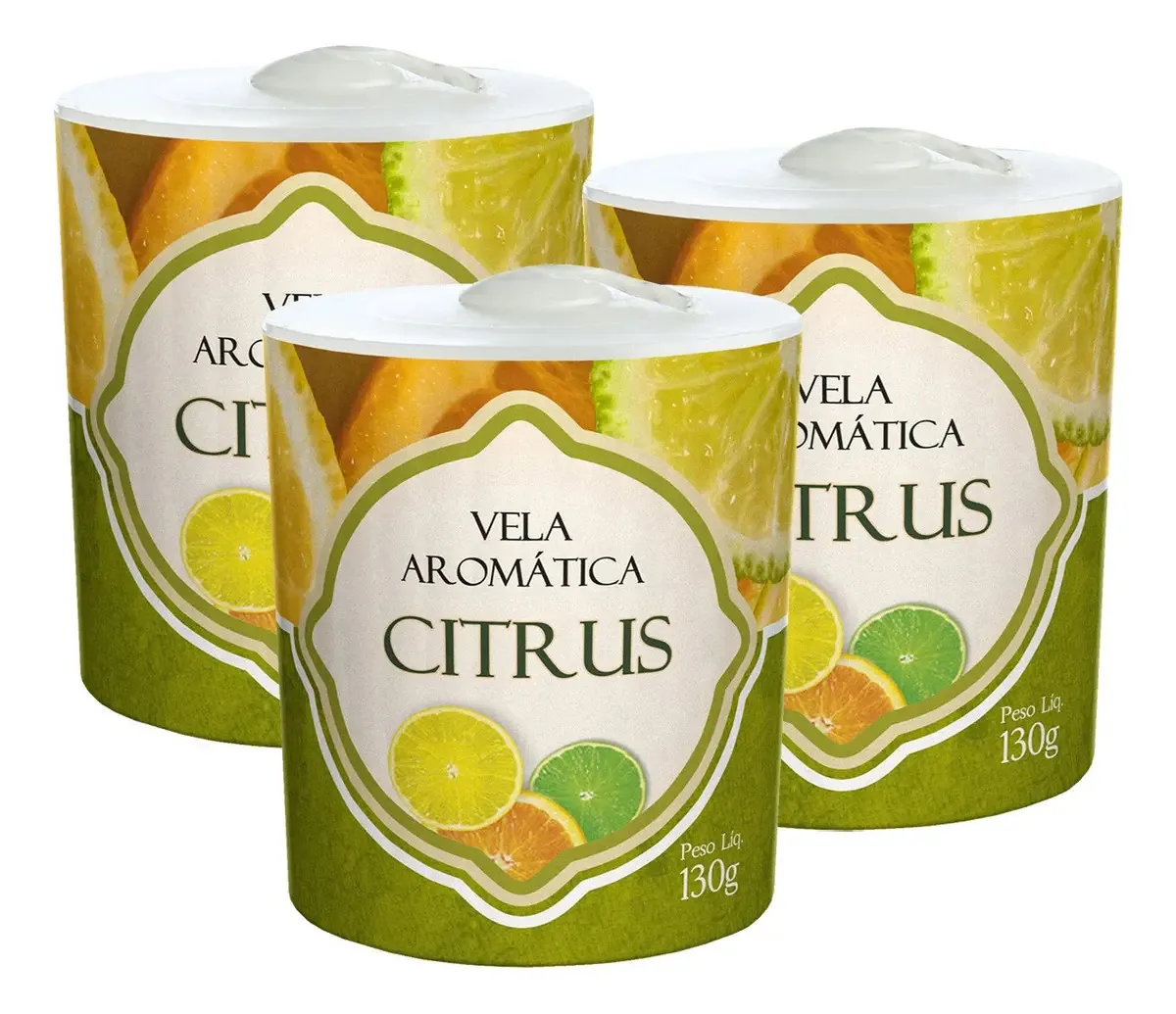 3 Velas Aromáticas Perfumadas 130g Parafina 72 Horas Fragrância Cítrica