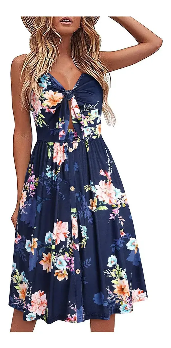 Vestidos Midi Para Mulheres, Sexy, Decote Em V, Vestidos De Verão, Estampa Fashion, Vestidos De Sol, Casual, Sem Mangas, Vestido De Praia, Azul / Patchwork, Médio