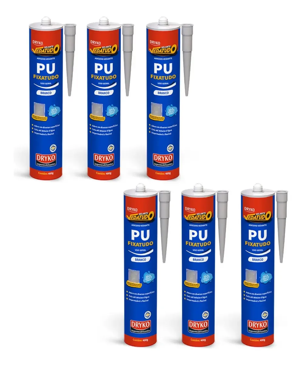 Kit com 6 Selantes PU Dryko FixaTudo Branco, 400g, para Metal e Mármore