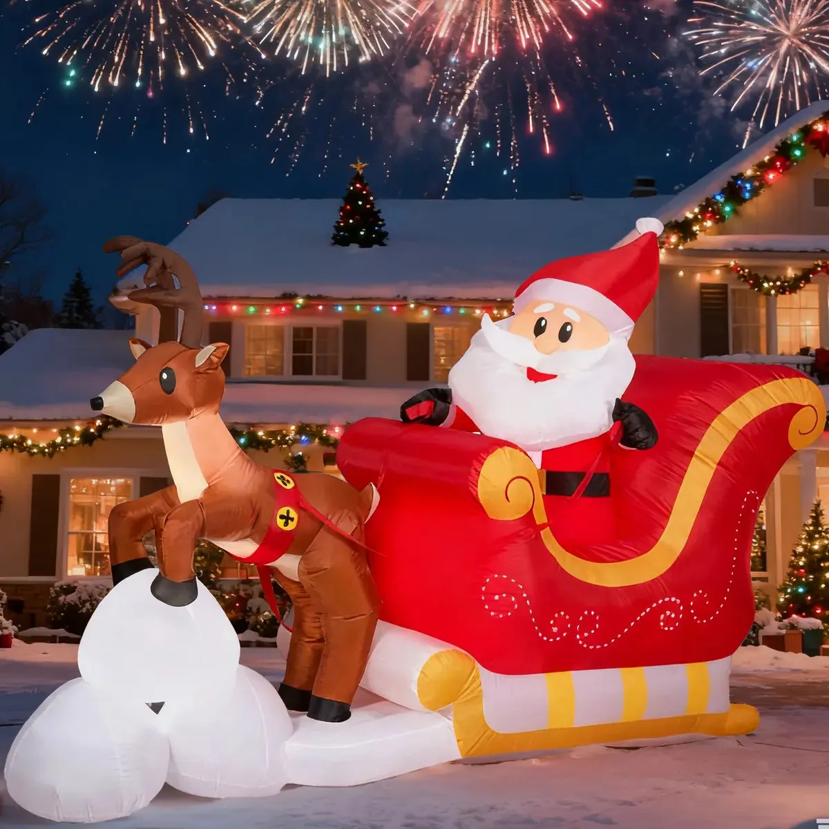 Figura inflável de Papai Noel para trenó ao ar livre com renas correndo na neve — decoração inflável com luzes LED integradas, enfeite de jardim ou gramado ao ar livre para festas de Natal