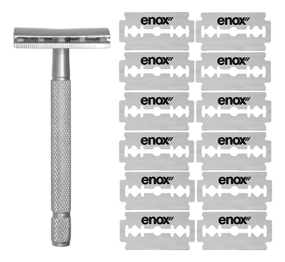Kit Aparelho De Barbear Barbeador + 12 Lâminas Aço Inox Enox
