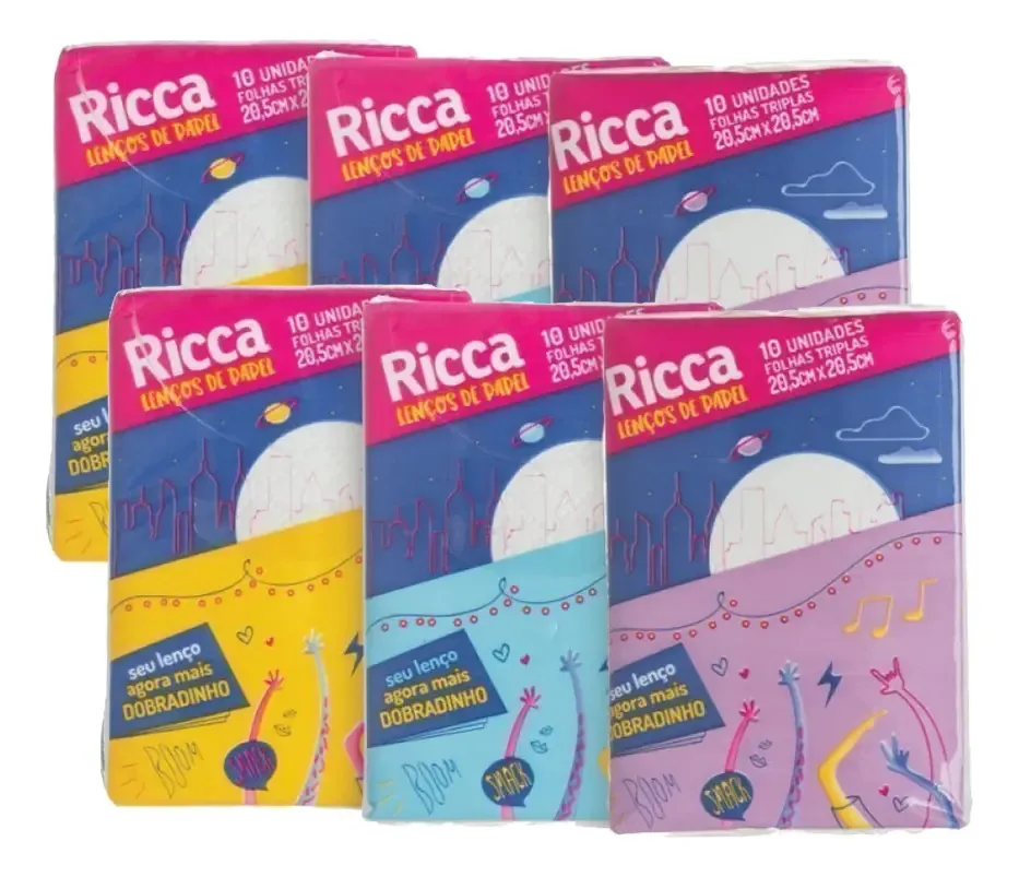 Kit 6 Lenços De Papel Mini Ricca 10 Unidades Limpeza Geral
