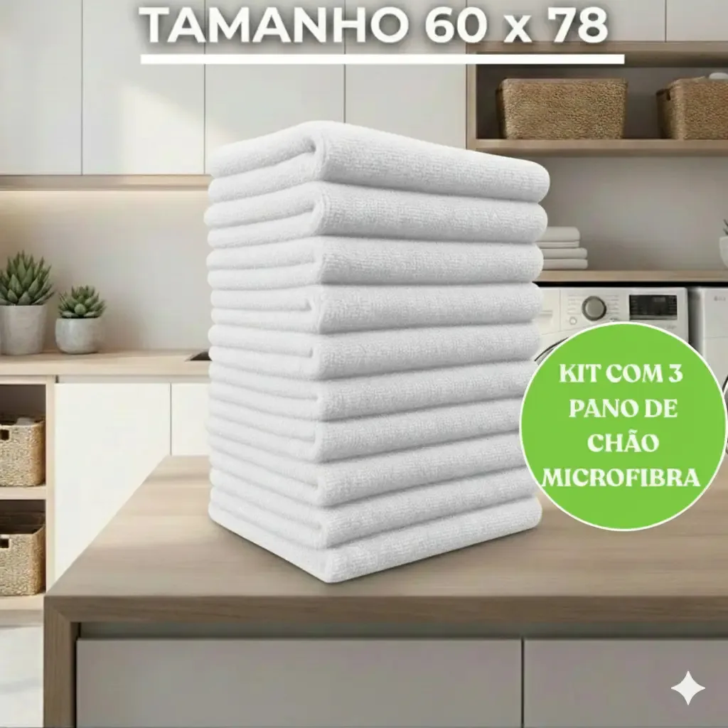 Kit 3 Panos De Chão Microfibra 78x60cm Cozinha Copa Banheiro Cor Branco