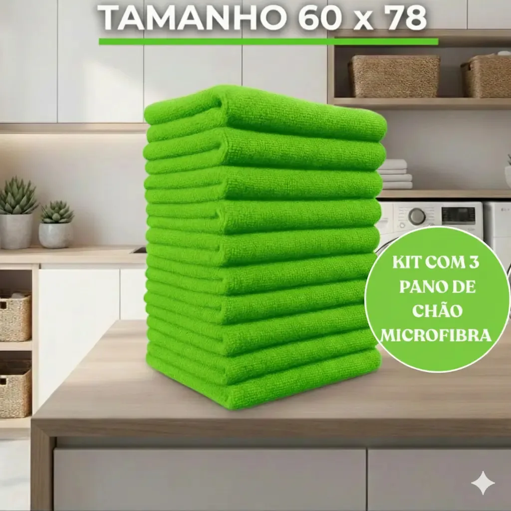 Kit 3 Panos De Chão Microfibra 78x60cm Cozinha Copa Banheiro Cor Verde