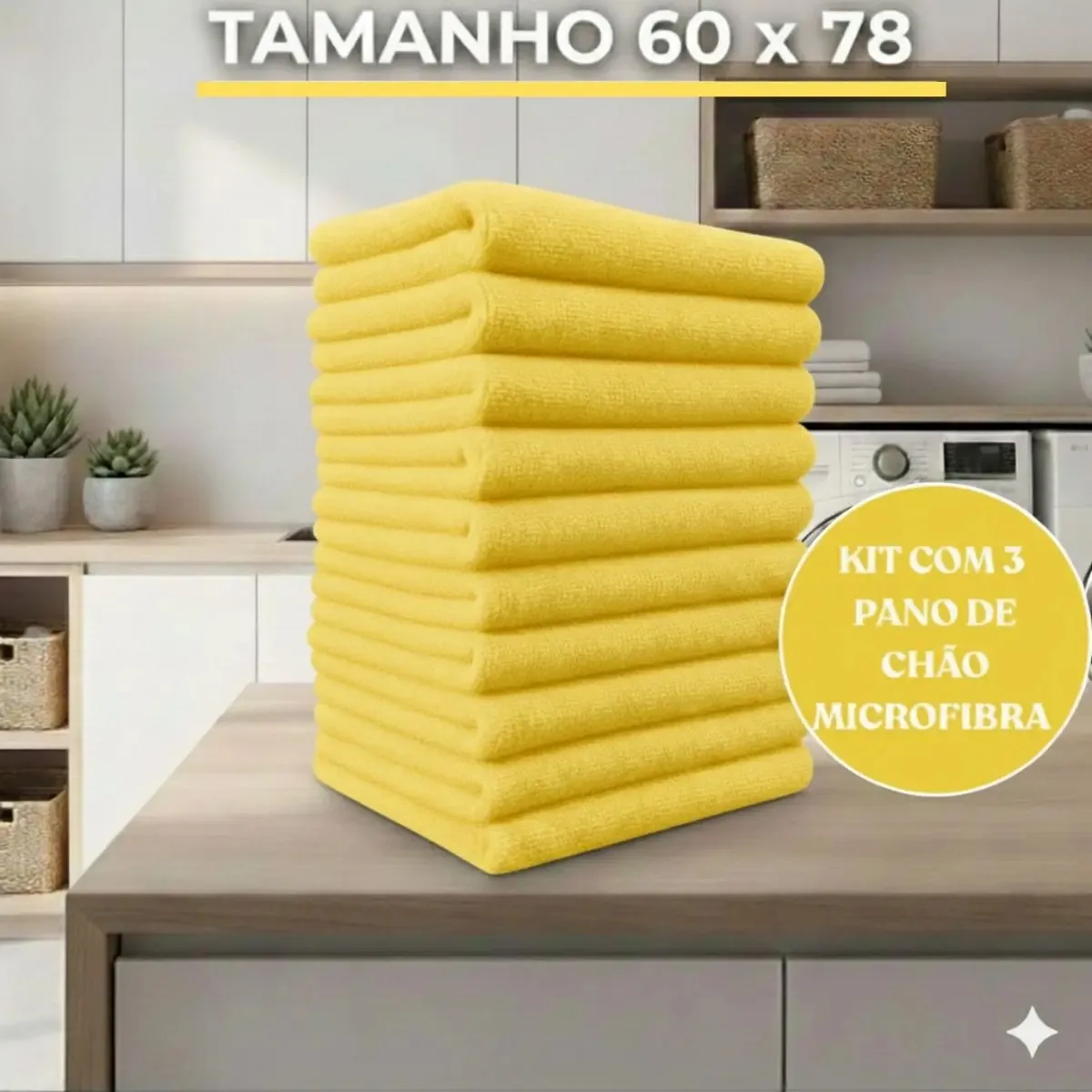 Kit 3 Panos De Chão Microfibra 78x60cm Cozinha Copa Banheiro Cor Amarelo