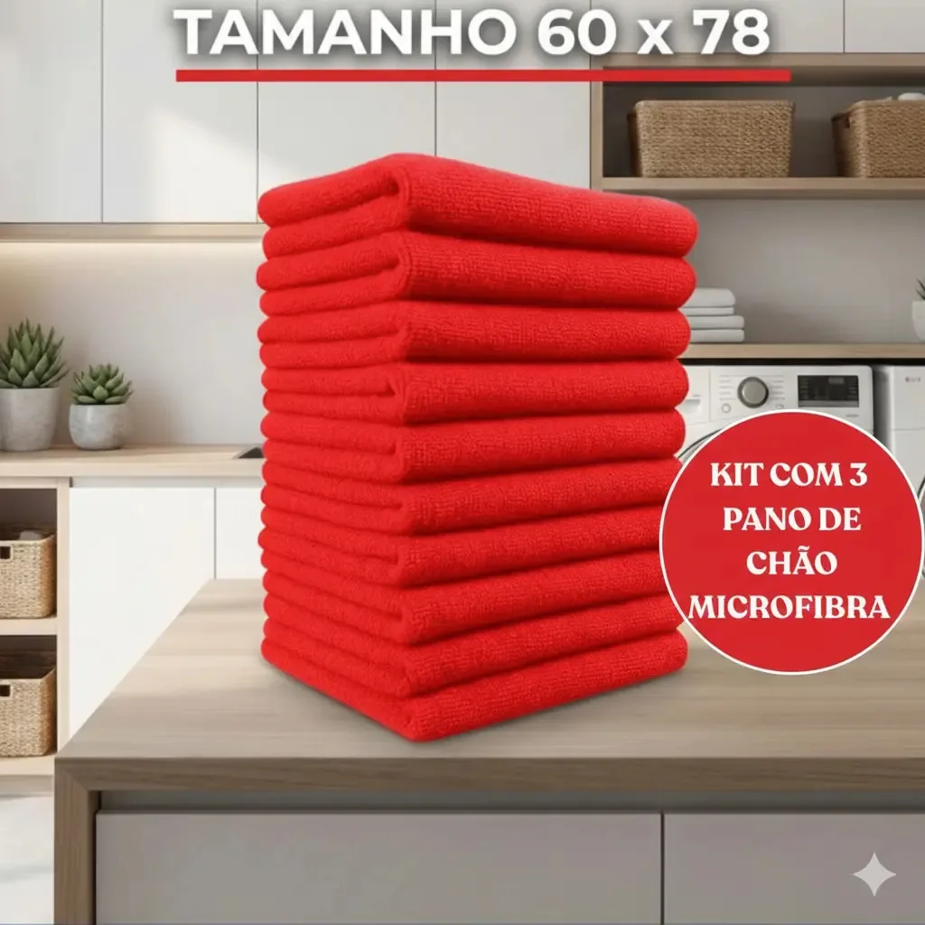 Kit 3 Panos De Chão Microfibra 78x60cm Cozinha Copa Banheiro Cor Vermelho
