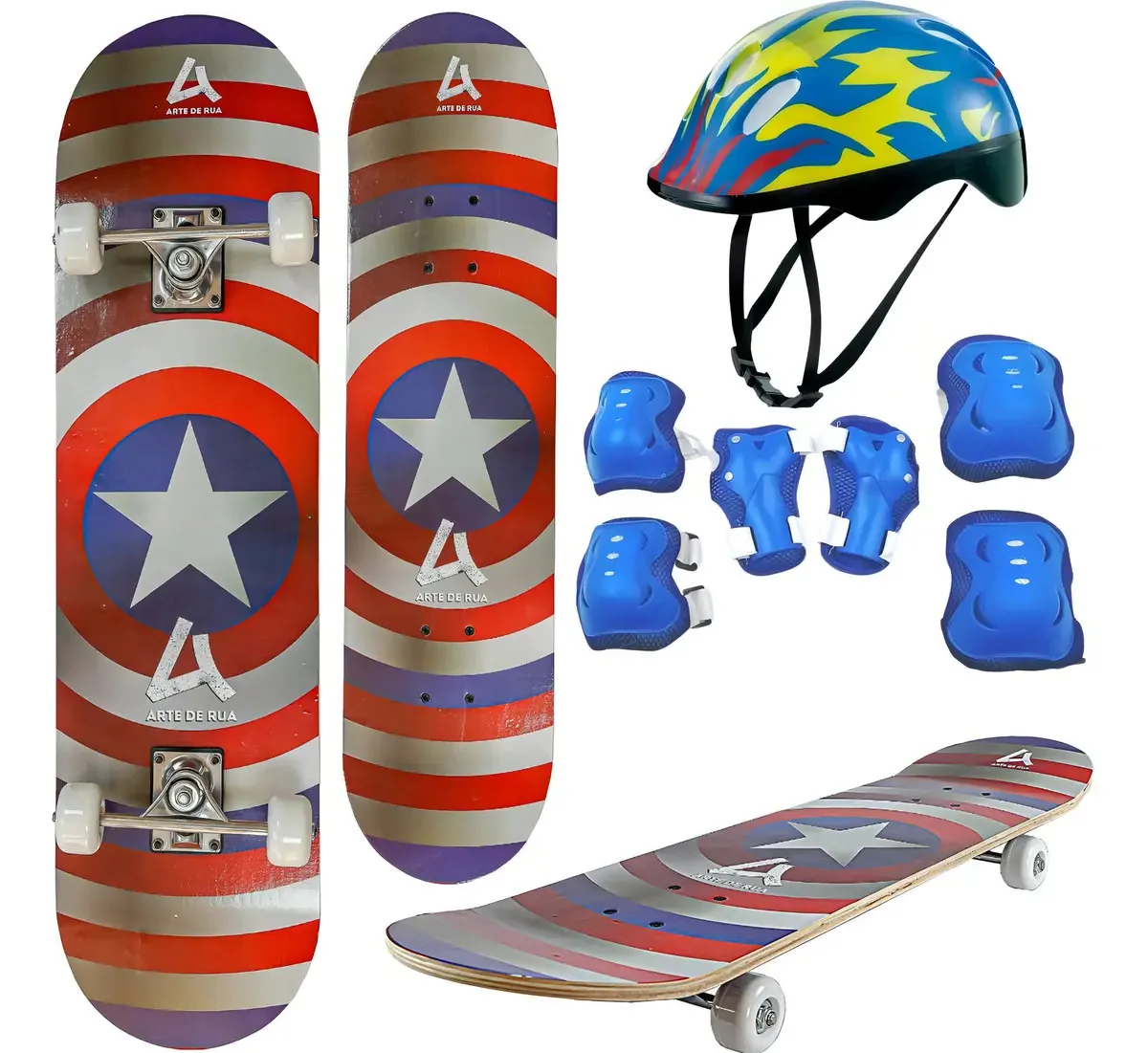 Kit Skate Infantil Super Heroi Kit Proteção Capacete Azul
