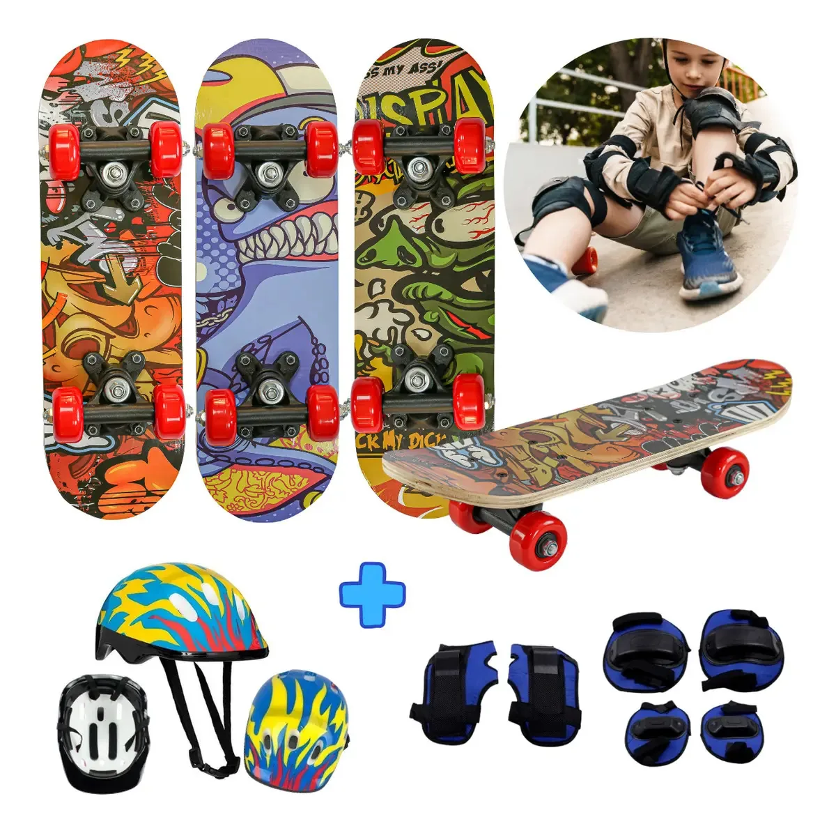 Kit Skate Infantil Menino Esqueite + Kit Proteção Capacete