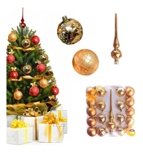 Kit Bola De Natal E Ponteira 19 Pçs Decorada Estrela Glitter