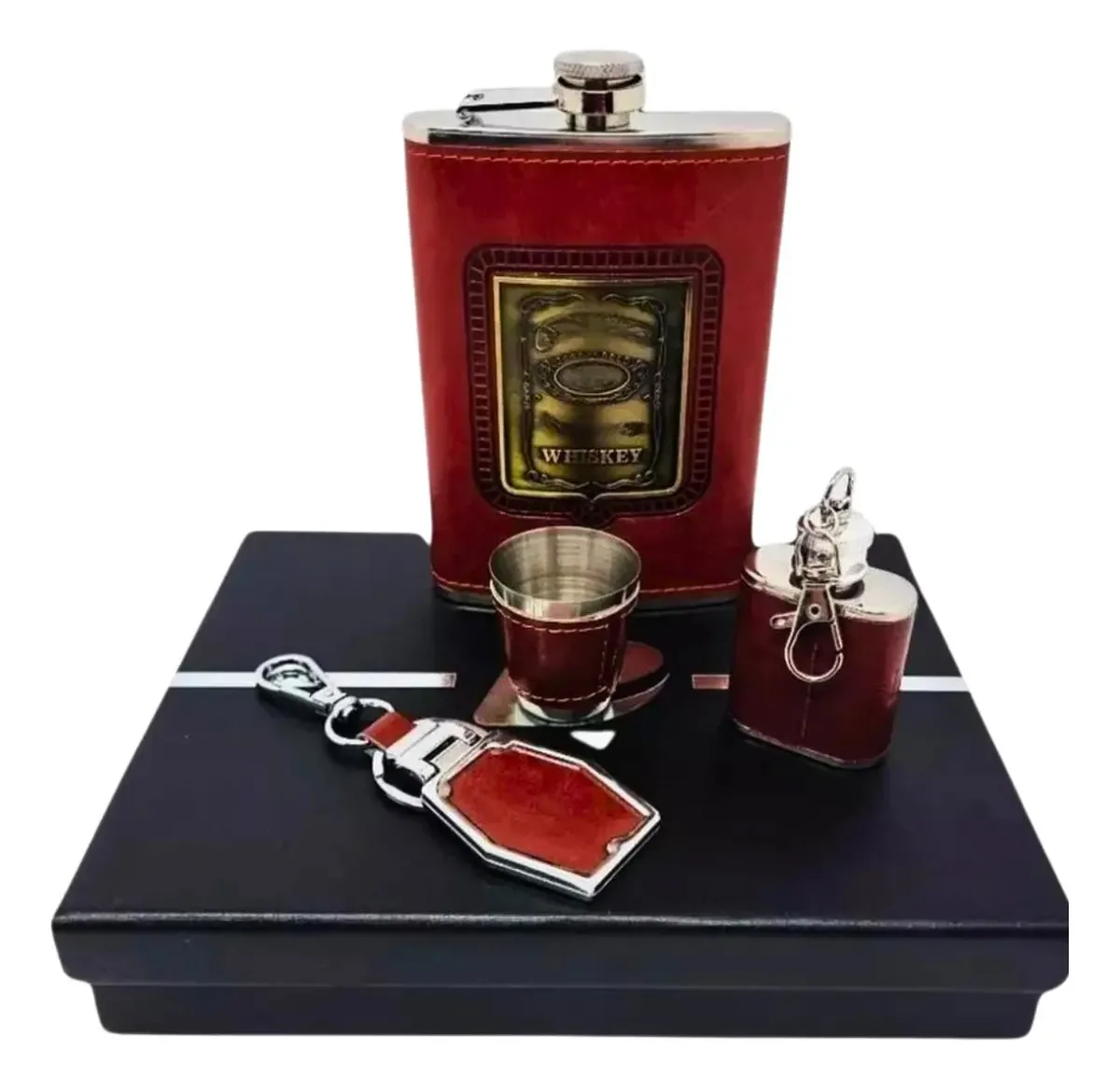 Kit Cantil Frasco Porta Bebidas Chaveiro Copo Shot Lavável Cor Bordô