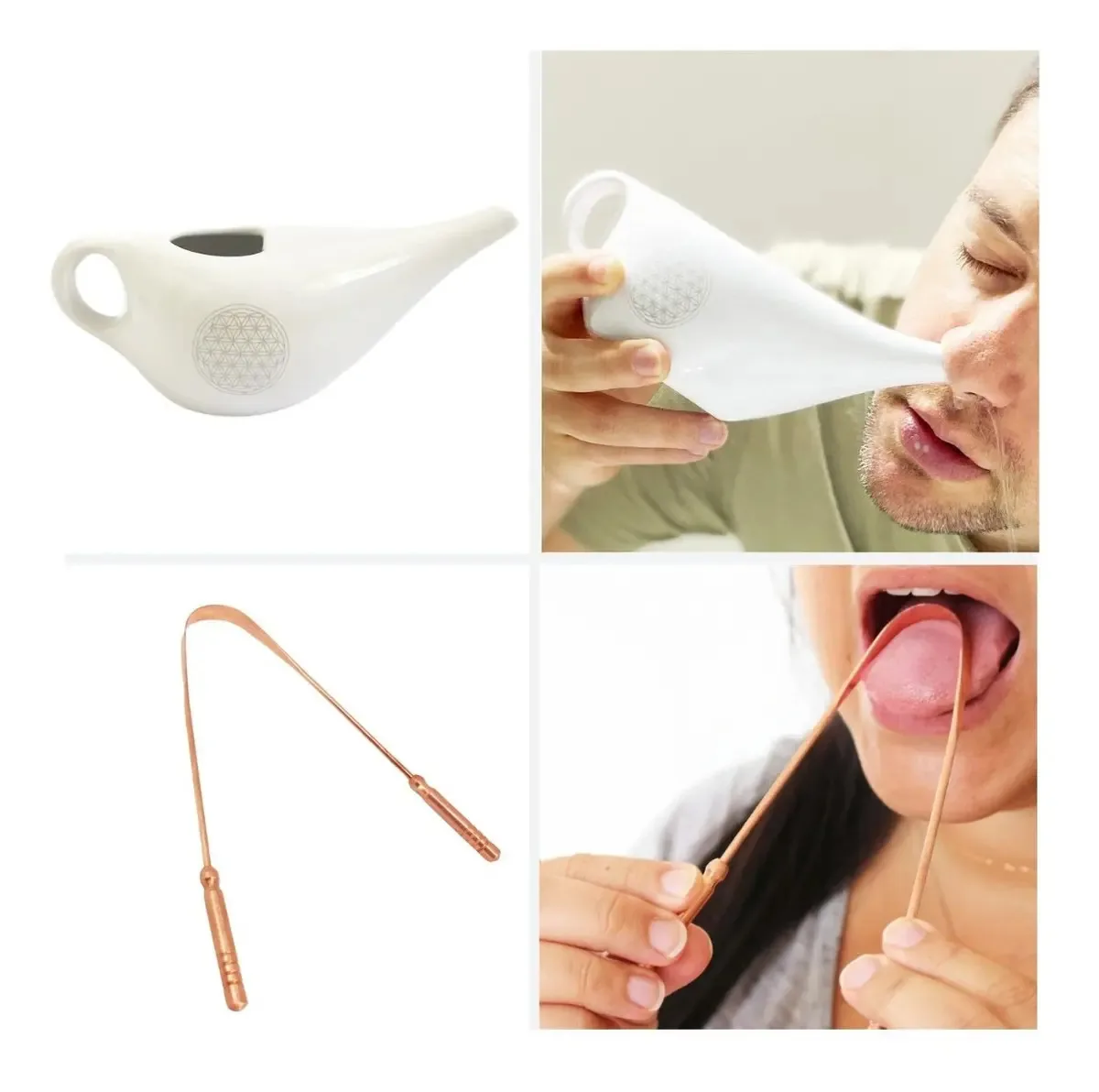 Jalaneti Neti Pot Higienizador Nasal + Raspador Língua Cobre Cor Branco