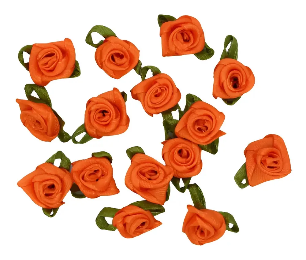 Flores de Cetim Rococó para Artesanato Com Folha Amarela – Kit 200 Unidades Laranja