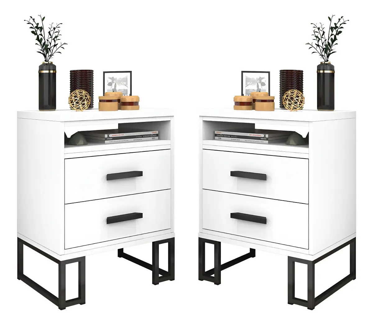 Kit 2 Mesas Cabeceira Bela Mdf100% Requinte Pés Pretos Luxo Acabamento Brilhante Cor Branco-preto