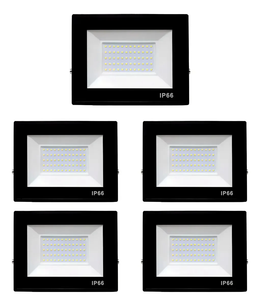 Kit 5 Refletores Led Slim Alumínio Preto 150w Branco-frio