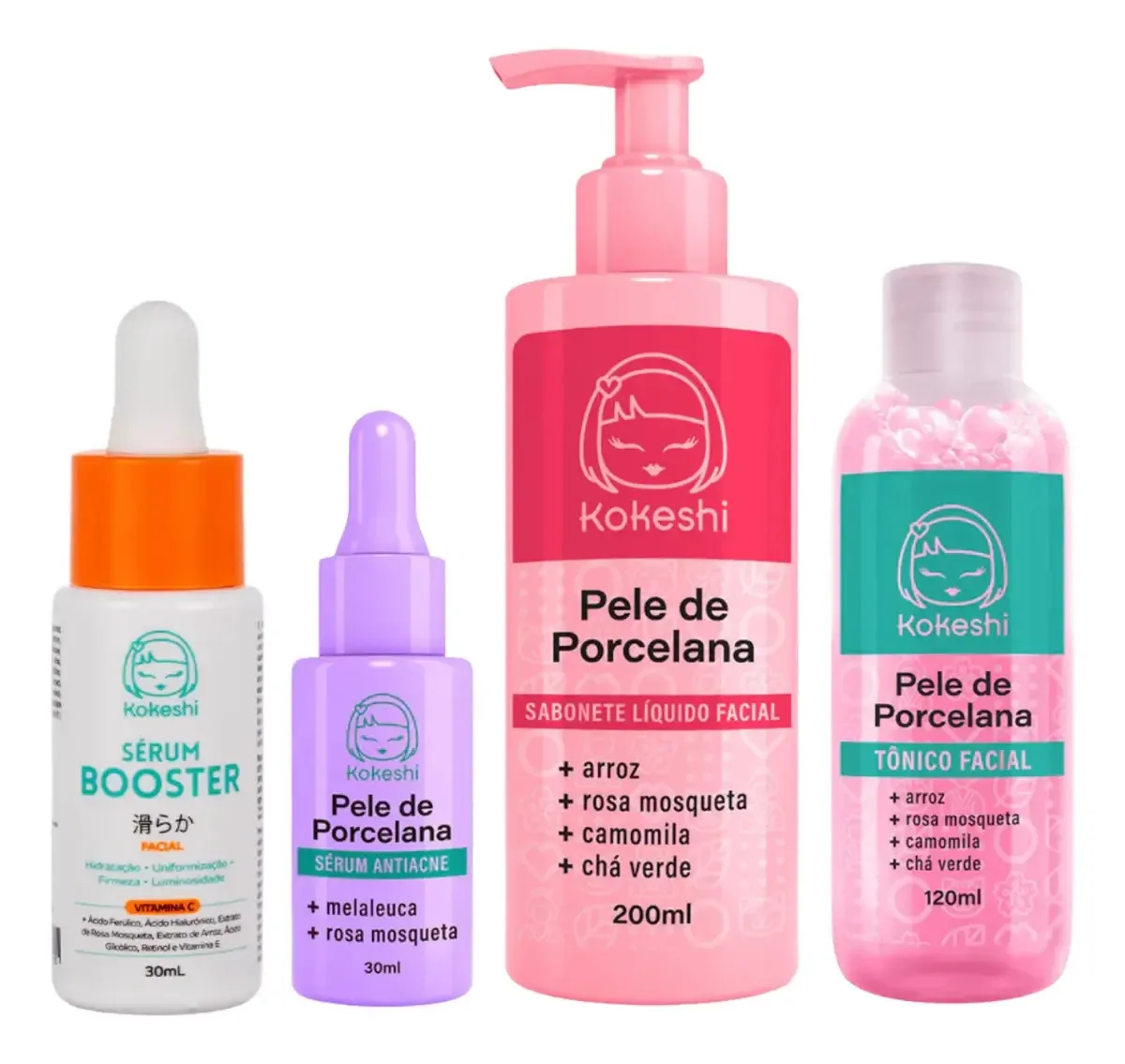 Kit Cuidado Completo Antiacne Pele de Porcelana Kokeshi Com Serun de Vitamina C Limpeza Tonificação