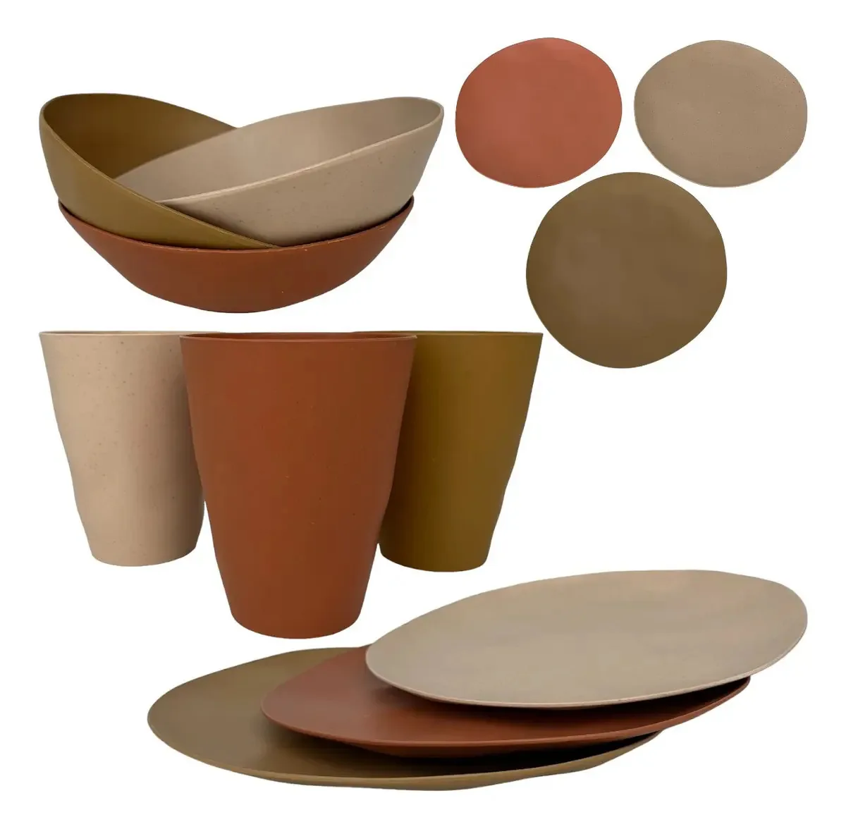 Kit Completo Pratos Bowl Copos Orgânico Terracota Bambu E Pp