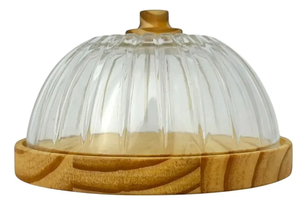 Queijeira Artesanal Madeira 19cm Vidro Listras Queijos Frios