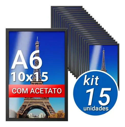 Kit Com 15 Molduras Preta A6 Quadros Com Acetato Foto Poster