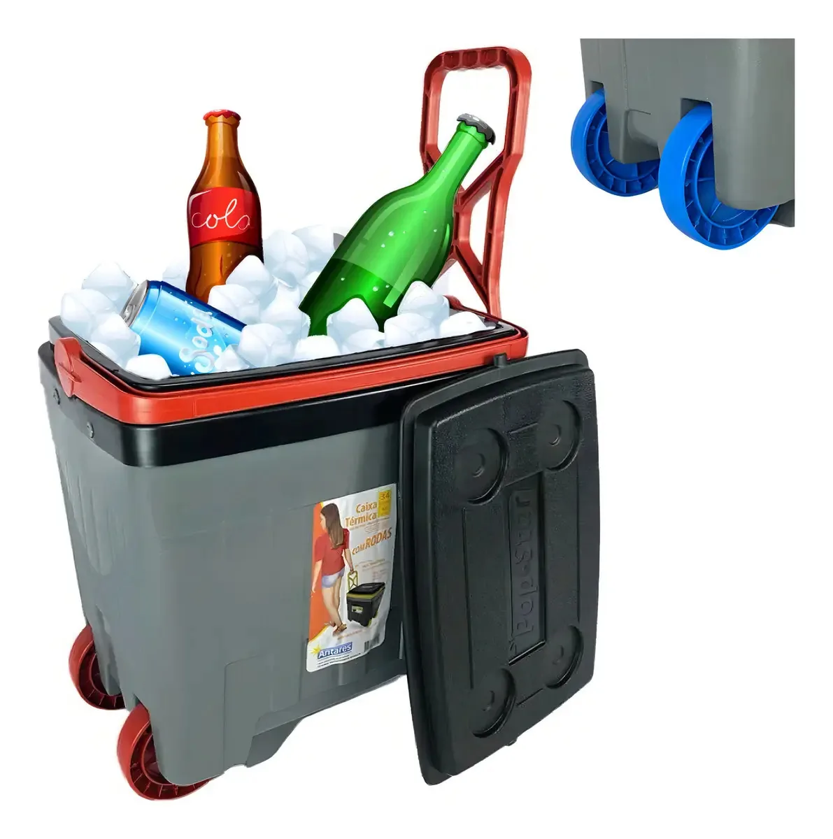 Cooler Antares 34L com Rodas e Porta-Copos para 46 Latas Pretas
