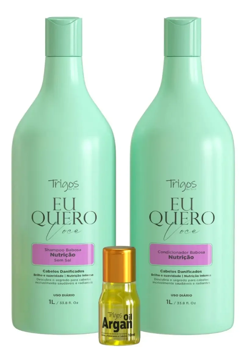 Kit Tratamento Trigos Da Terra babosa aloe vera shampoo condicionador nutrição brilho sedosidade 1L Óleo De Argan 10ml