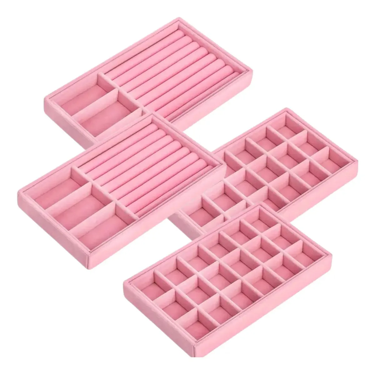 Kit 4 Organizadores Bandejas Para Jóias Bijuterias Veludo Pu Cor Rosa